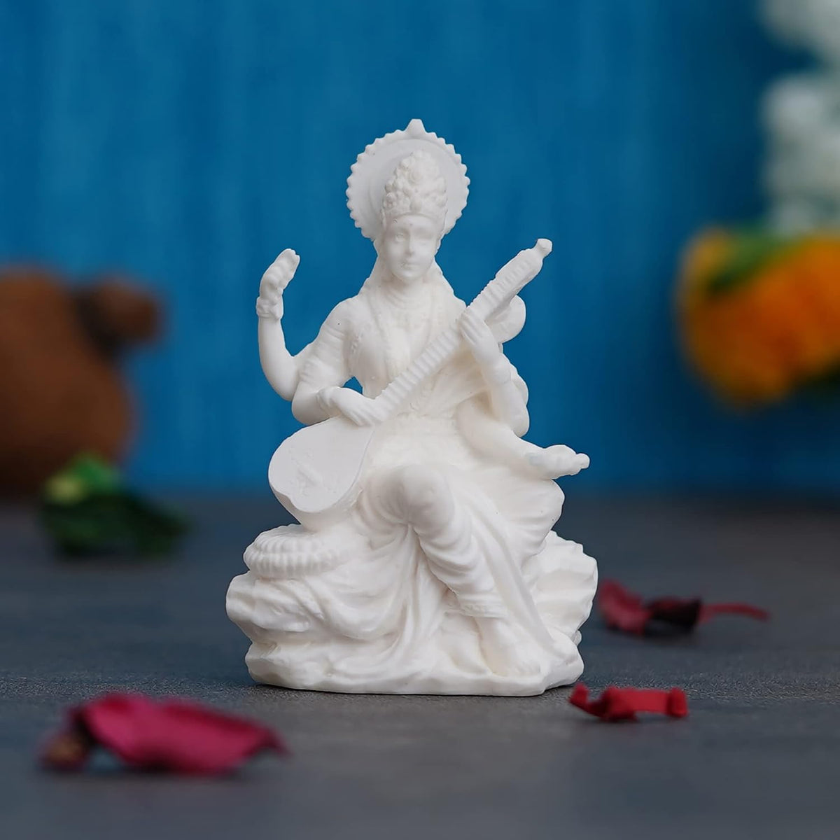 White Resin Goddess Saraswati Idol Playing Veena|Saraswati Murti for Home Temple Pooja Room Study Table School Library|Saraswati Statue Hindu Goddess of Knowledge Music Art Wisdom Learning