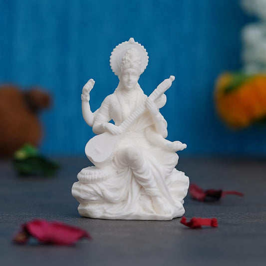 White Resin Goddess Saraswati Idol Playing Veena|Saraswati Murti for Home Temple Pooja Room Study Table School Library|Saraswati Statue Hindu Goddess of Knowledge Music Art Wisdom Learning