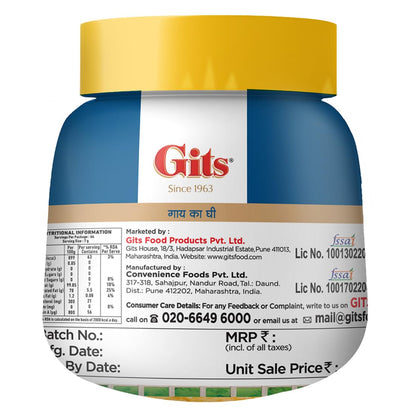 Gits Cow Ghee Jar| Aroma in every drop |Pure Veg, Pure Cow Ghee, Desi Ghee, No preservatives | Rich Taste & Aroma | Good source of Vitamin A, Delicious, Healthy & Nutritious | Good for Digestion, Heart, Skin and Hair | Homemade taste