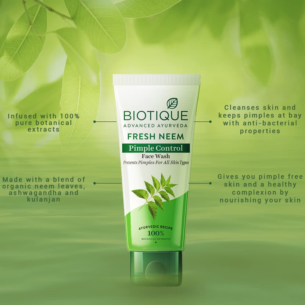 Biotique Fresh Neem Pimple Control Face Wash tube on a green background with text about product features.