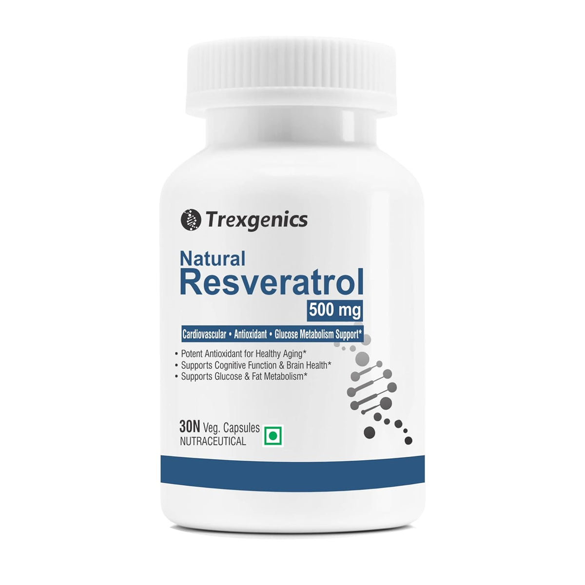 Trexgenics Natural Resveratrol supplement bottle on a white background