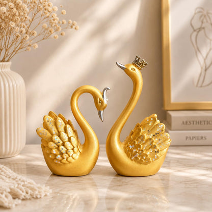 Lucky Swan Couple Crystal Wings showpiece for Home Living Room Decor | Romantic Love Bird Couple Gift for Valentine, Anniversary, Birthday (Set of 2 Pc) (Gold) (Small)