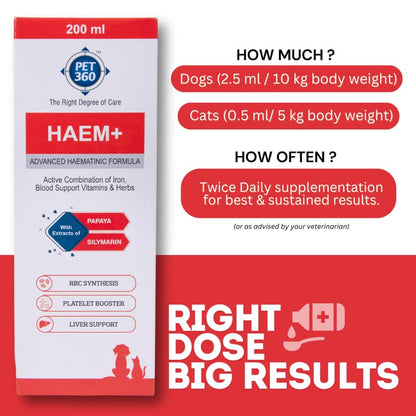 PET360 HAEM+ Advanced Haematinic Formula | Health Booster & Liver Tonic for Cats & Dogs | with Extracts of Papaya & Silymarine | Active Combination of Iron, Blood Support Vitamins & Herbs - 200 ml