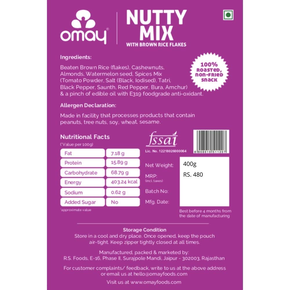 Omay Foods Nutty Mix, 400g Pouch | Brown Rice Chivda with Cashews, Almonds and Watermelon Seeds | Chatpata Trail Mix | Oil Free Roasted Snack | Healthy Namkeen | Weight Loss Snack