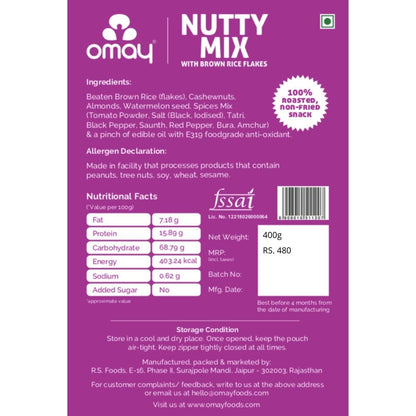Omay Foods Nutty Mix, 400g Pouch | Brown Rice Chivda with Cashews, Almonds and Watermelon Seeds | Chatpata Trail Mix | Oil Free Roasted Snack | Healthy Namkeen | Weight Loss Snack