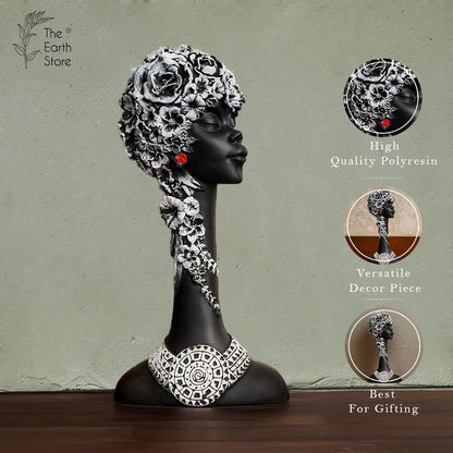 Black Lady with White Flower Head African Sculpture for Home Décor | Figurine Perfect for Office, Hotels, Restaurant, Decorative Statue Showpiece Items | African Lady Statue