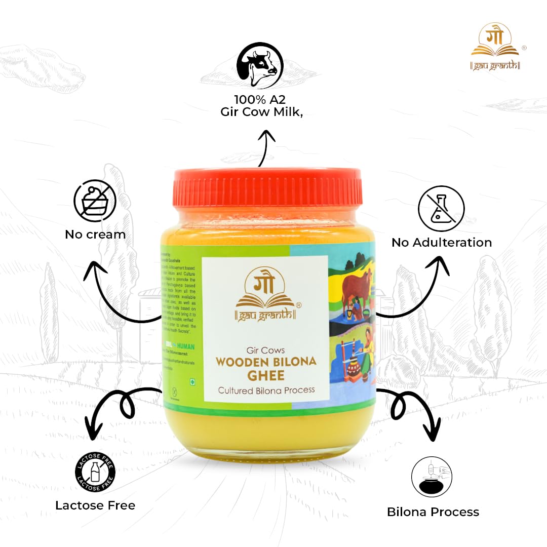 cow ved GauGranth A2 Gir Cow Ghee – 1 Ltr | Traditional Wooden Bilona Desi Ghee | Hand-Churned from Grassfed A2 Gir Cow Milk | 100% Pure, Natural & Healthy | Vedic Method | Glass Jar Packaging