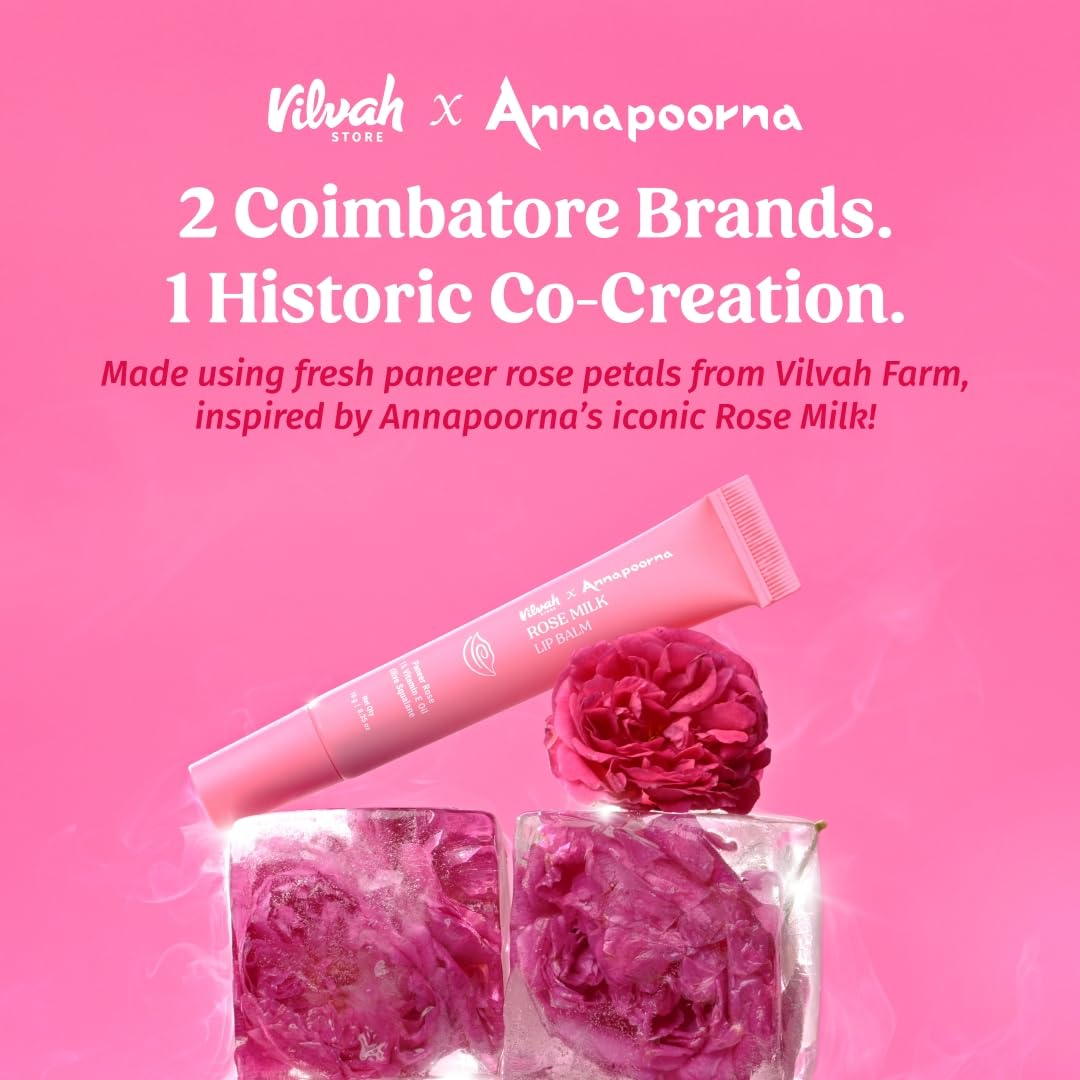 Vilvah X Annapoorna Rose Milk Lip Balm | Pink Tint, Moisturization for Dry, Chapped & Pigmented Lips | With Paneer Rose Extract, 1% Vitamin E & Olive Squalane | Hydrates, Brightens & Heals Lips | 10g
