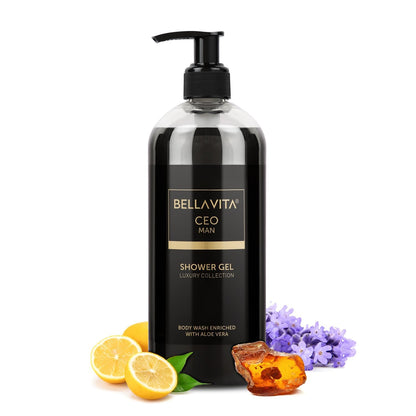 Bellavita shower gel bottle with lemons, honey, and lavender on a white background