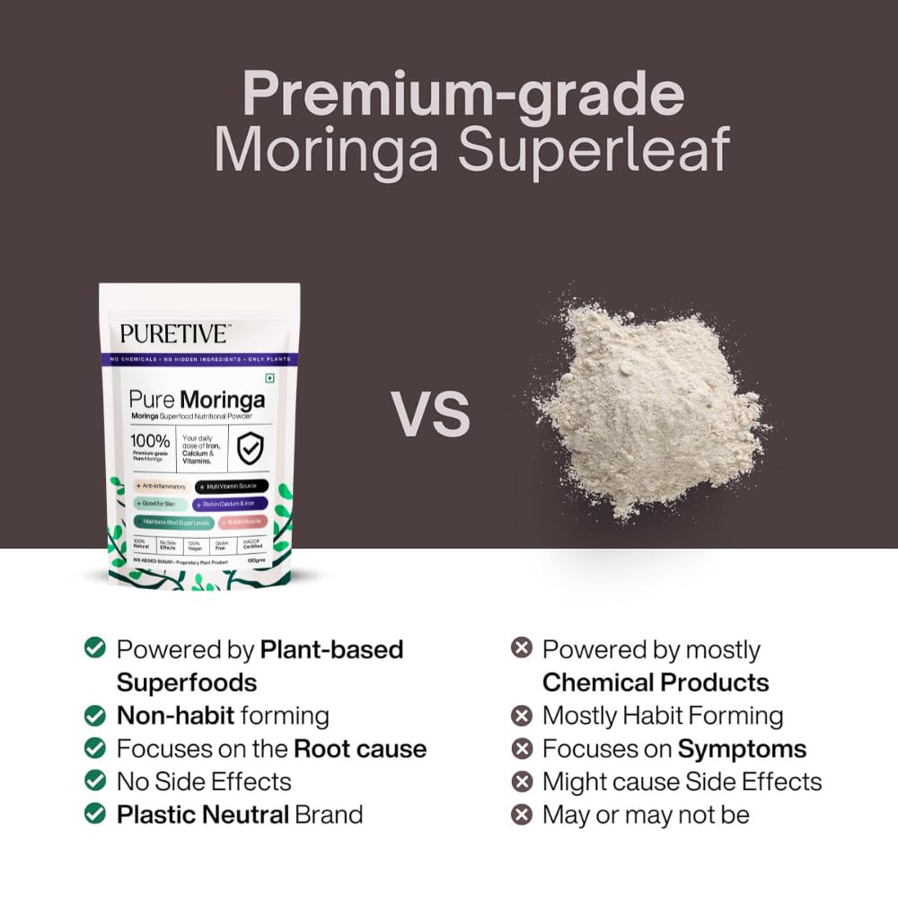 Comparison between Pure Moringa packaging and Moringa powder on a dark background