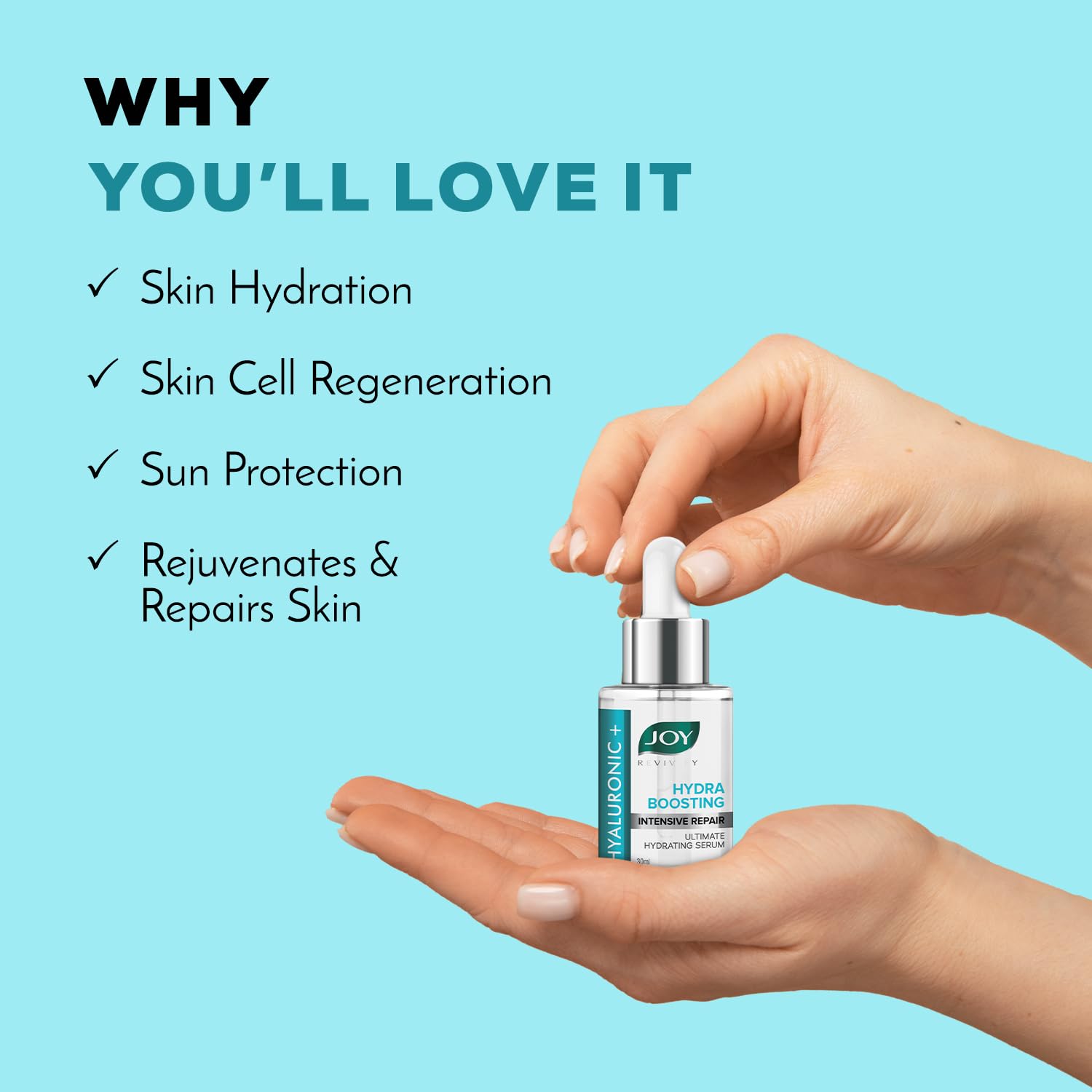 Hand holding a skincare serum bottle with text on a blue background