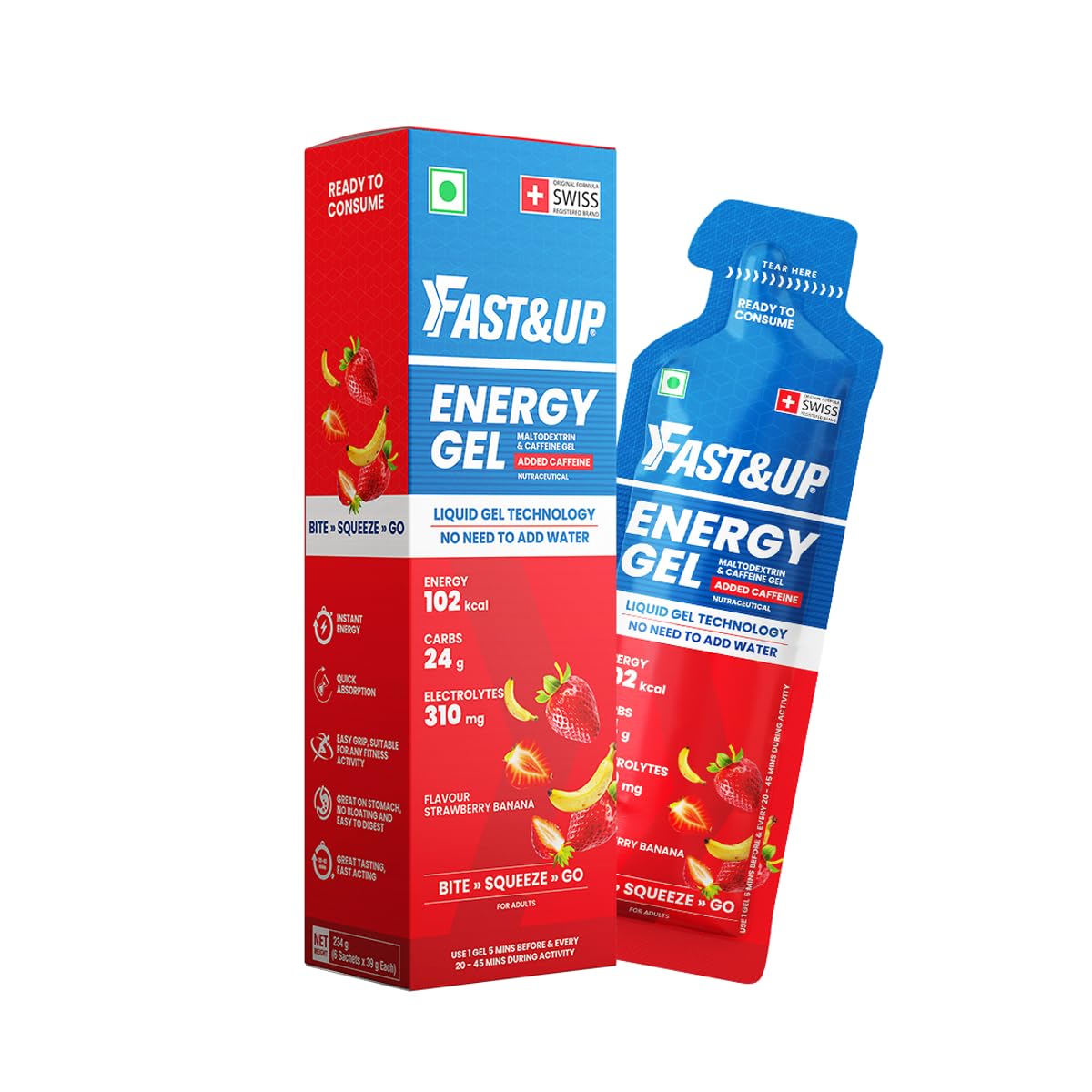Fast&Up Energy Gel- Strawberry Banana flavour (Caffeinated) - Pack of 6 Gel Sachets, 39g per sachet- For Instant energy boost, Improved endurance and performance