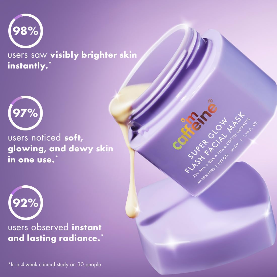Caffeine Super Glow Flash Facial Mask jar with product dripping out on a purple background