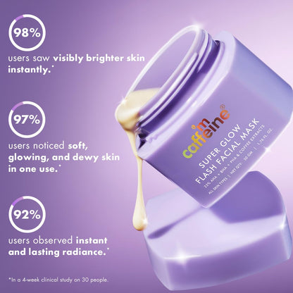 Caffeine Super Glow Flash Facial Mask jar with product dripping out on a purple background