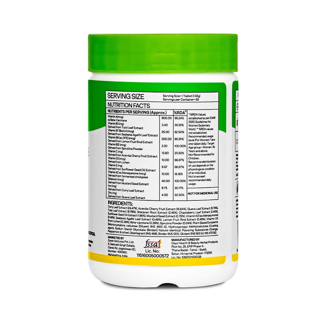 OZiva Plant Based Multivitamins for Women 35+| For Hormonal Health, Skin & Hair, Bone Health| With Chasteberry, Vitamin E & D3, 50 Vegetarian Capsules