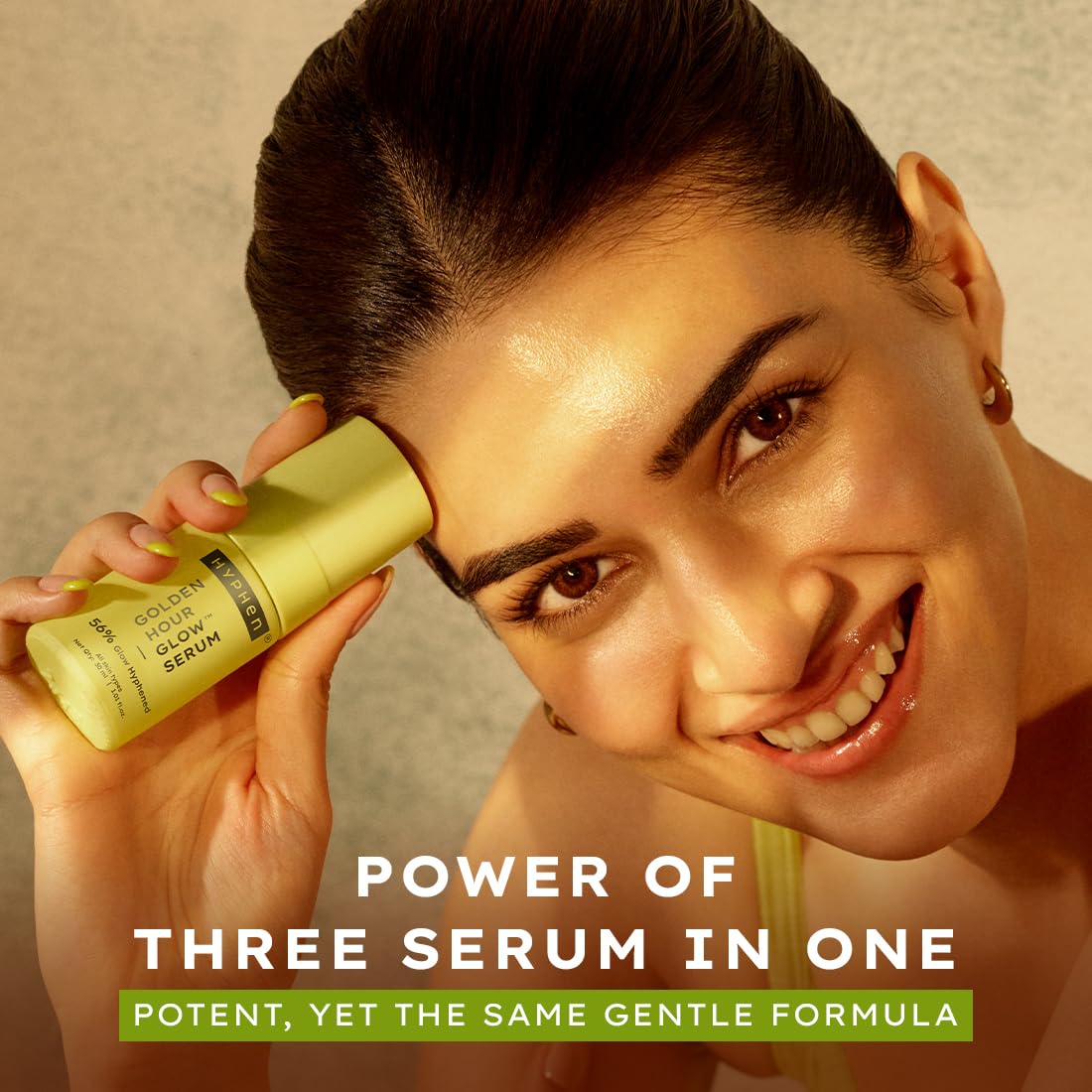 Woman applying a skincare serum with text highlighting its power and benefits.