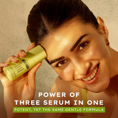 Woman applying a skincare serum with text highlighting its power and benefits.