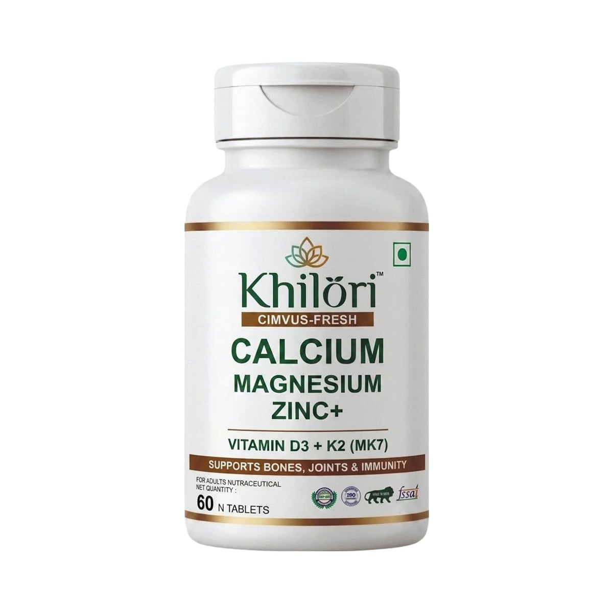 Khilöri Calcium Supplement for Men and Women with Magnesium, Zinc, Vitamin D3, K2 MK7 & B12 Tablets | Plant Based Calcium Citrate Malate for Strong Bones, Joint Mobility & Muscle Recovery | 60 N (60 Tablets)
