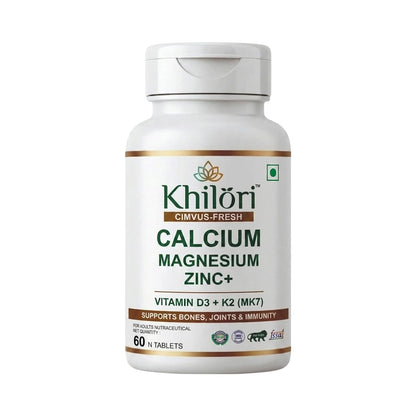 Khilöri Calcium Supplement for Men and Women with Magnesium, Zinc, Vitamin D3, K2 MK7 & B12 Tablets | Plant Based Calcium Citrate Malate for Strong Bones, Joint Mobility & Muscle Recovery | 60 N (60 Tablets)