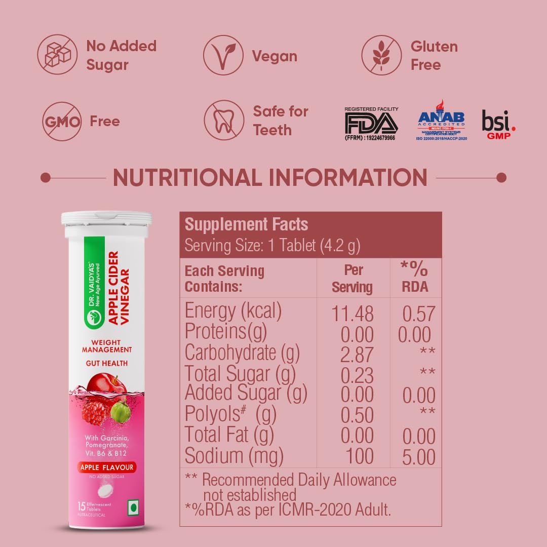 Dr. Vaidya's Apple Cider Vinegar Effervescent Tablet with Mother | ACV Detox & Weight Loss Tablets | Aids Digestion & Gut Health; Boosts Metabolism | Fat Burner for Men & Women | 15 Tablets