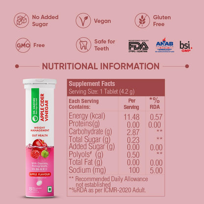 Dr. Vaidya's Apple Cider Vinegar Effervescent Tablet with Mother | ACV Detox & Weight Loss Tablets | Aids Digestion & Gut Health; Boosts Metabolism | Fat Burner for Men & Women | 15 Tablets