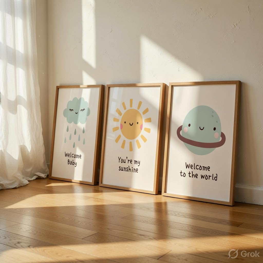 Baby Nursery Wall Painting Set of 3 with Wooden Frames | Cute Cloud Sun Planet Kids Room Wall Art | HD Sparkle Printed MDF Cartoon Wall Decor for Nursery, Baby Room & Kids Bedroom