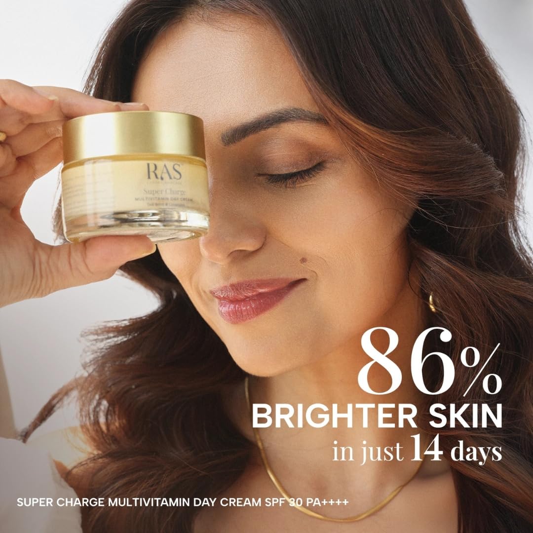 Ras Luxury Oils Super Charge Day Cream with Multivitamin SPF 30 PA++++ Goji Berry & Ceramides | Moisturizer for Glowing Skin with 72HR Hydration | Protection from UVA & UVB | Luxury Skincare