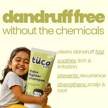 Child holding tüco Kids shampoo with product features listed on a light background