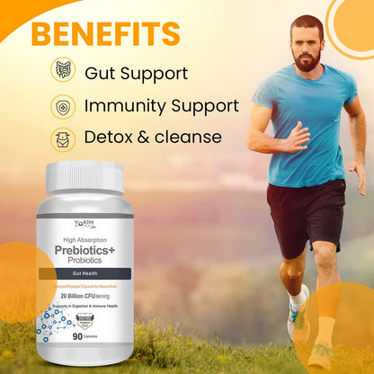 Prebiotics+ Probiotics supplement bottle with a man running outdoors, highlighting benefits like gut support, immunity support, and detox & cleanse.