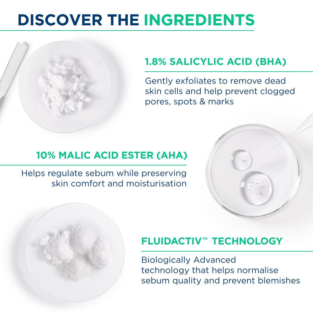 Product ingredients with salicylic acid, malic acid ester, and Fluidactiv technology on a white background.