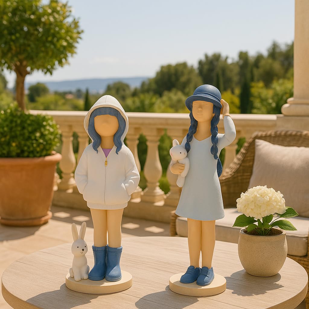 Cute Girls Statue for Home Decor | Table Decor (Pack of 2, White & Blue)