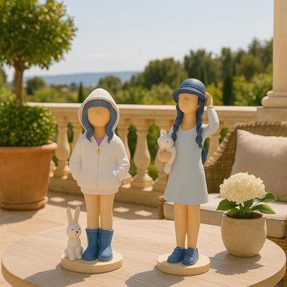 Cute Girls Statue for Home Decor | Table Decor (Pack of 2, White & Blue)