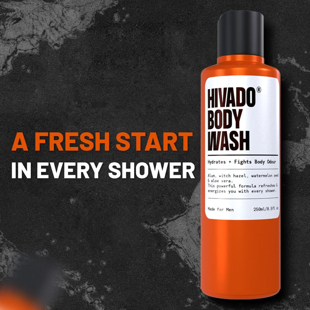 HIVADO Men’s Body Wash - 250ml | Deep Cleansing Shower Gel with Aloe Vera & Alum | De-Tan Formula | Odour Control & Sweat Protection | Sulfate-Free | Fresh Long-Lasting Fragrance