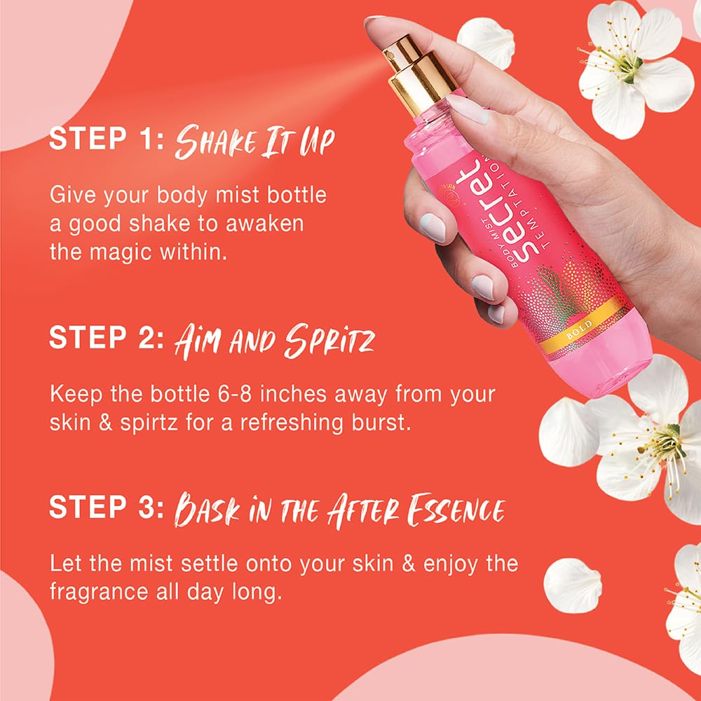 Pink body mist bottle with usage instructions on a red background with flowers.