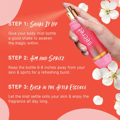 Pink body mist bottle with usage instructions on a red background with flowers.