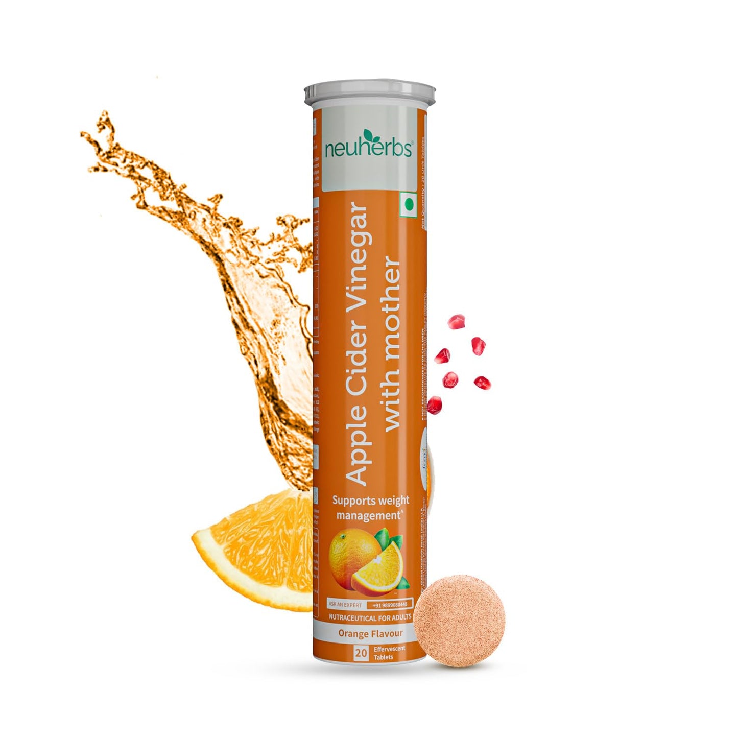 Neuherbs Plant Based Apple Cider Vinegar With Mother 20 Effervescent Tablets (Orange Flavour) For Weight Management | Rich in Antioxidants with Vitamin B6 & B12 | Zero Added Sugar | Gluten Free