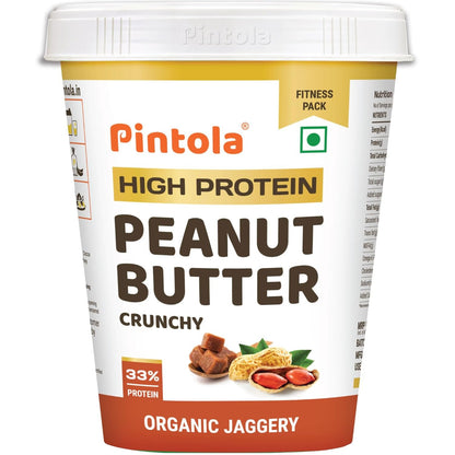 Pintola HIGH Protein ORGANIC JAGGERY Peanut Butter Crunchy 510g with 33g Protein & 7g Fiber, Whey Protein Peanut Butter, Gluten Free, Zero Added Salt, Cholesterol Free, 100% Roasted Peanuts