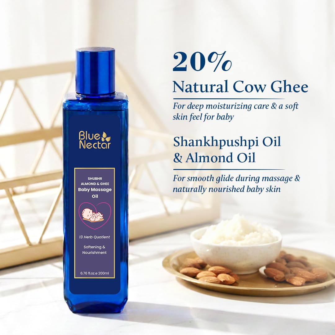 Blue Nectar Ayurvedic Baby Oil with Organic Ghee, 100% Natural Baby Massage Oil With Coconut Oil & Olive Oil | Dermatogically Tested (13 Herbs, 200ml)