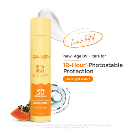 Aqualogica Glow+ Dewy Gel Sunscreen 50g | SPF 50+ PA++++ | 12-Hour Sun & Tan Protection | C-Hyaluron Complex & Papaya | Broad Spectrum UVA/UVB & Blue Light Protection | Fragrance-Free, No White Cast | Lightweight | For Men & Women