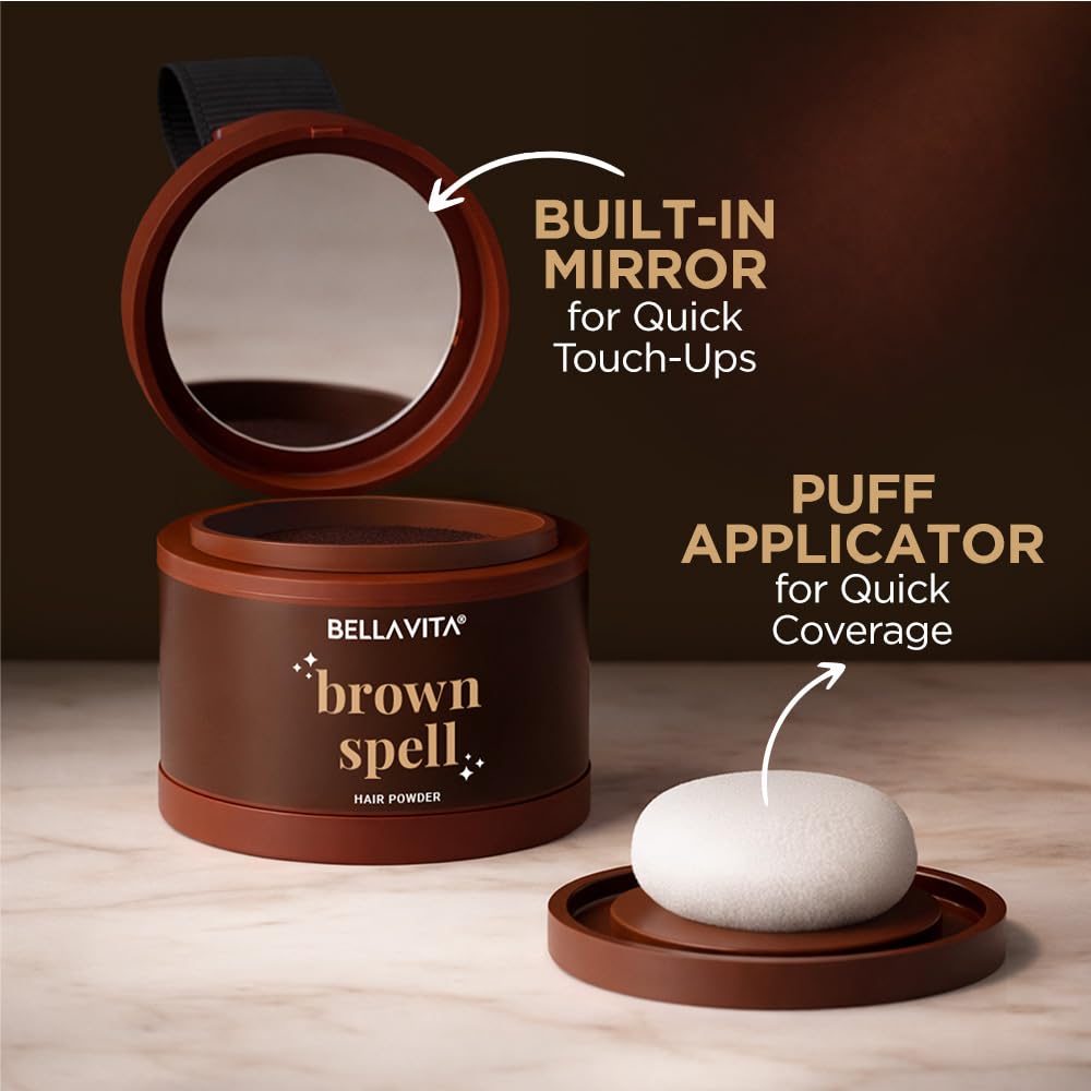 Bellavita brown spell hair powder with built-in mirror and puff applicator on a wooden surface.