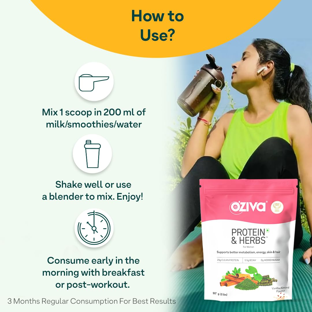 OZiva Protein & Herbs for Women (Vanilla Almond) I Manage Weight, Energy & Metabolism | Clean Protein, Shatavari, Green Tea I No Added Sugar, 2lbs (907gm)
