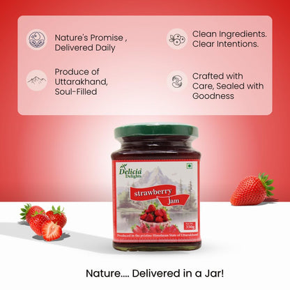 Delicia Delights Strawberry Jam 350g | Made with Real Strawberry Pulp | Delicious Fruit Spread for Bread, Toast & Desserts | Rich Fruity Taste | Crafted in Uttarakhand Himalayas