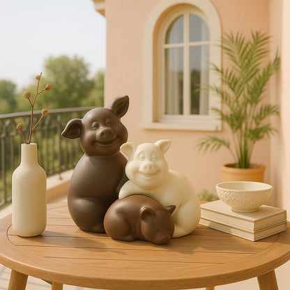 Home Décor Teddy Piggy Family Matte Finish Ceramic Figurines - (Set of 3, Matte Brown)