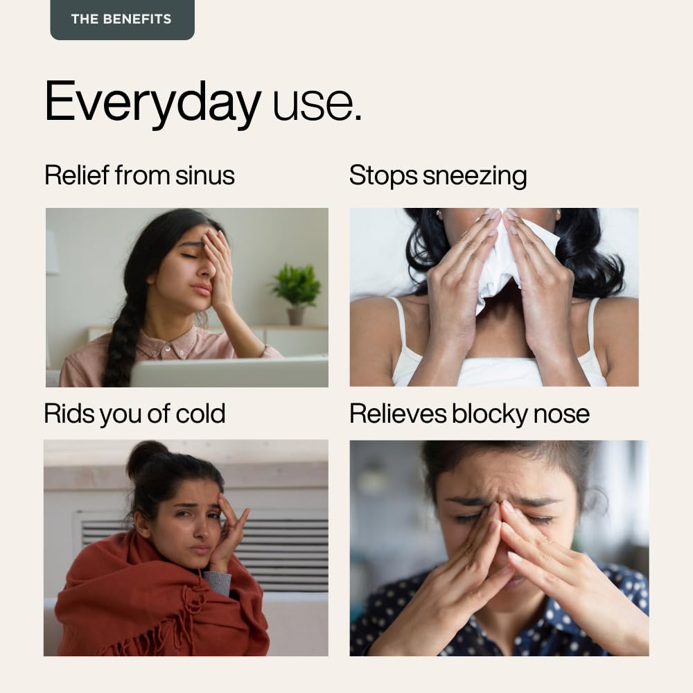 Product advertisement showing a woman with sinus issues and text about its benefits on everyday use.