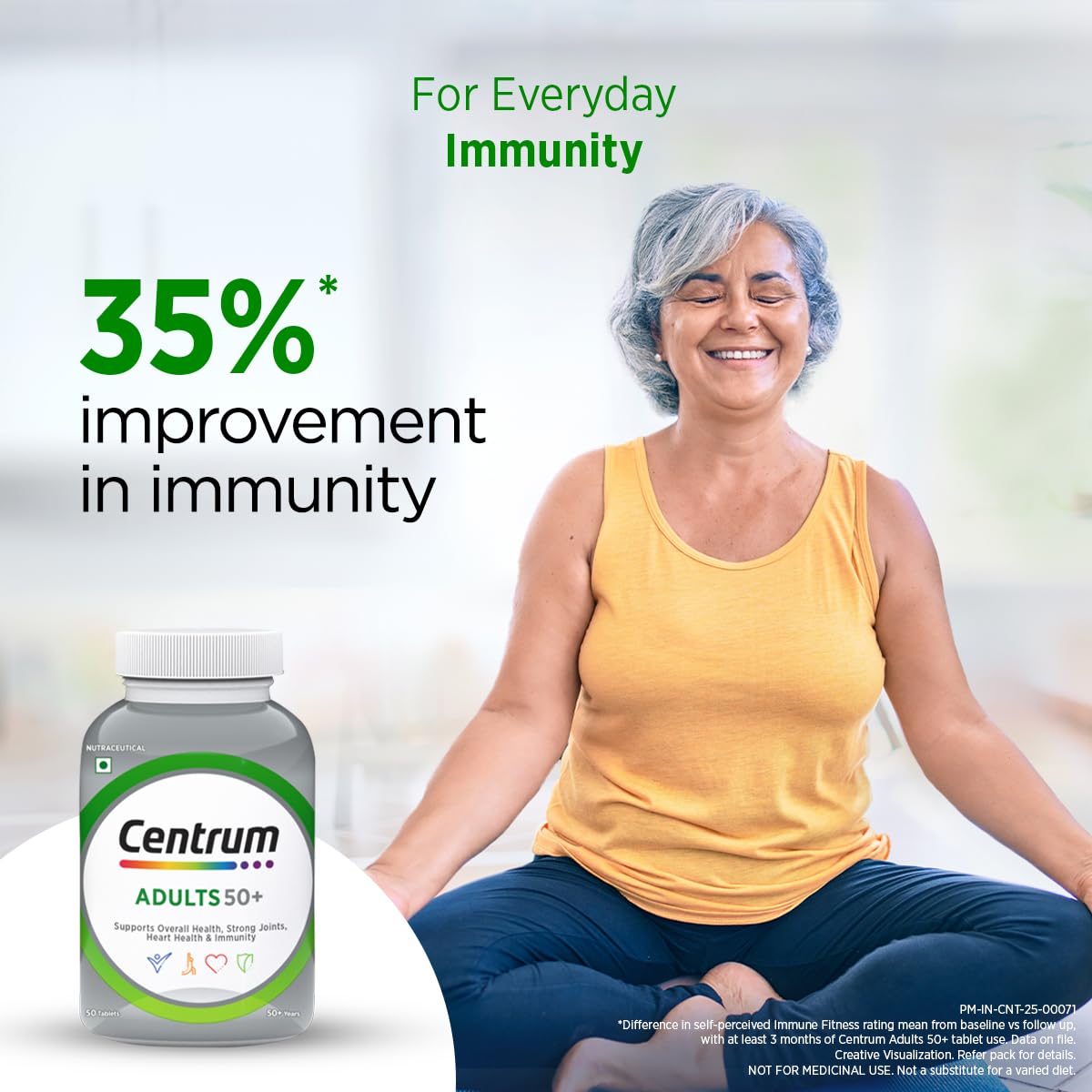 Person meditating with Centrum supplement bottle, promoting immunity improvement.