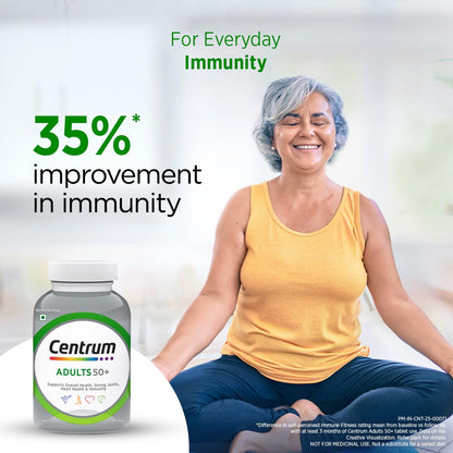 Person meditating with Centrum supplement bottle, promoting immunity improvement.