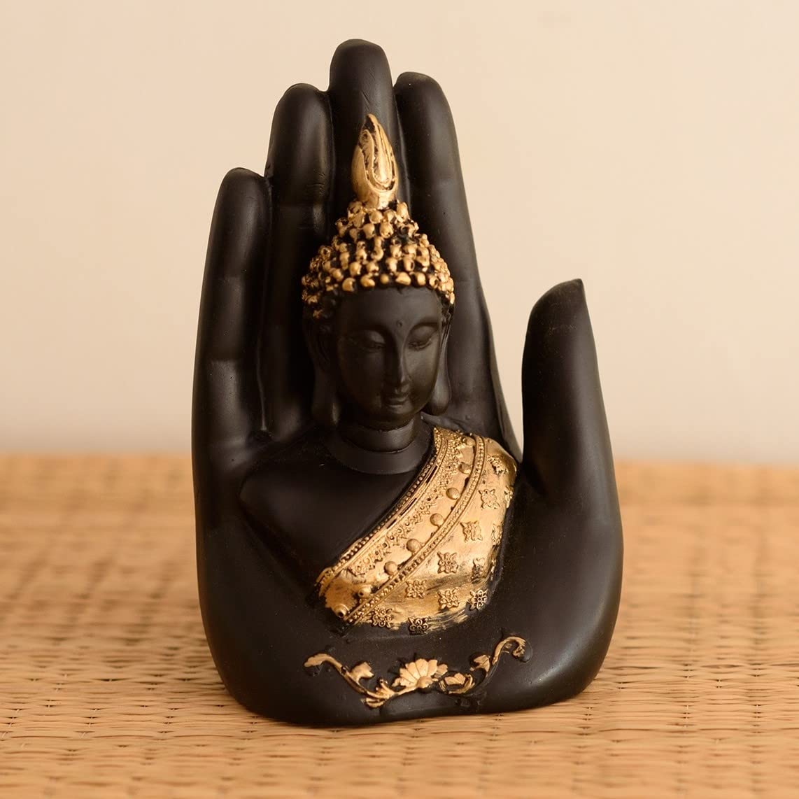 eCraftIndia Resin Black Golden Handcrafted Palm Buddha Statue Showpiece | Lord Buddha Idol for Home Decor Living Room Office | Gift for Diwali Buddha Purnima Housewarming Birthday
