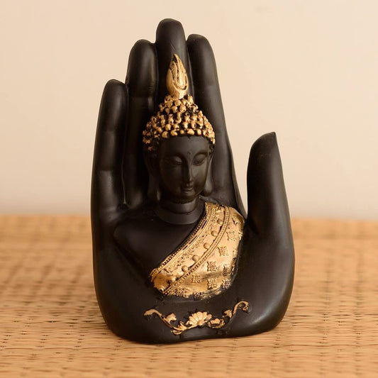 eCraftIndia Resin Black Golden Handcrafted Palm Buddha Statue Showpiece | Lord Buddha Idol for Home Decor Living Room Office | Gift for Diwali Buddha Purnima Housewarming Birthday