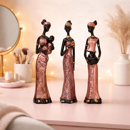 Home Decor African Tribal Women Art Piece (Set of 3, Rose Gold and Black Color)