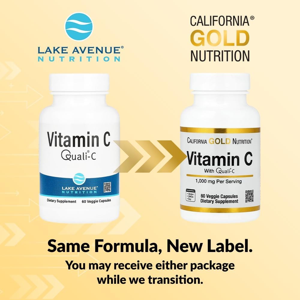 Two bottles of Vitamin C supplements from Lake Avenue Nutrition and California Gold Nutrition on a beige background.
